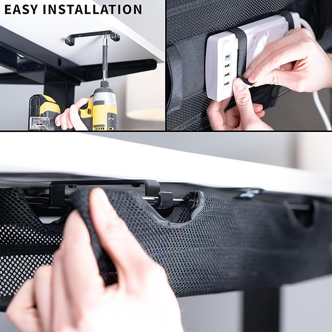 VIVO Under Desk 36 inch Mesh Net Cable Management with Power Strip Holder, Wire Organizer, Adjustable Home Office Standing Desk Cord Storage, Black, DESK-AC36MH-S