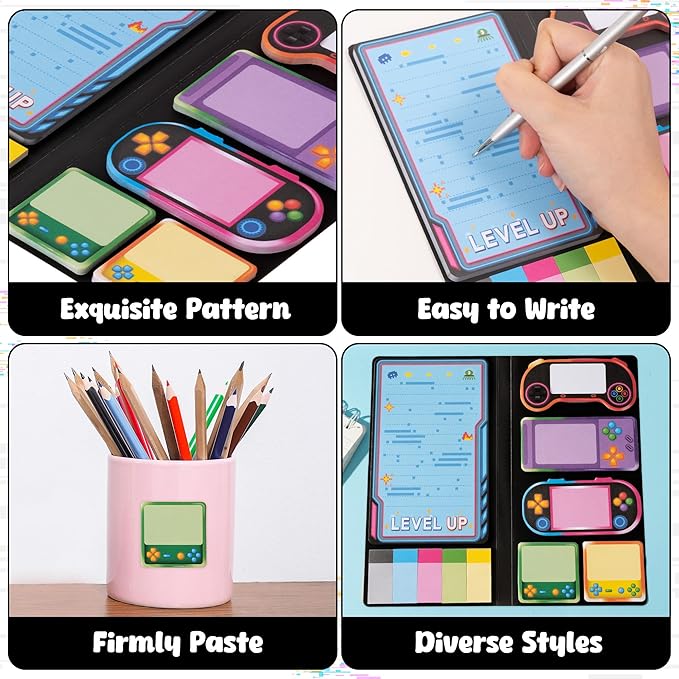 B1ykin Cute Sticky Notes Set - Level Up Video Game Shaped Self-Stick Notes Pad, 550 Sheets Writing Memo Pages Sticky Notepad for Teacher Appreciation Gifts, School Office Supplies (Light Video Game)