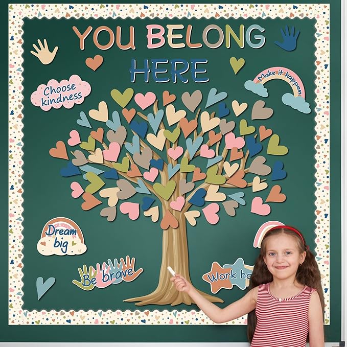 Boho Classroom Tree Bulletin Board Decorations Heart Cutouts Border Welcome Classroom You Belong Here Bulletin Board Decor Supplies for Chalkboard Elementary School Home Wall(You Belong Here)