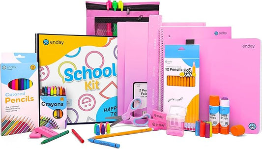 Enday Back to School Supplies for Kids, Pink School Supply Box Grades K-5, Premium Quality Kids School Supplies Kit, Kindergarten School Supplies for Girls and Boys, 71 Piece Set
