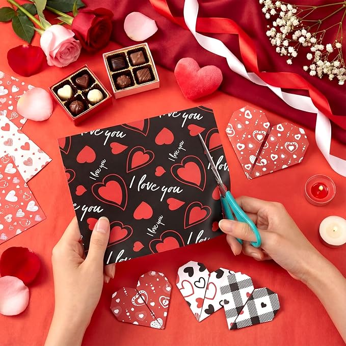 Shimeyao 60 Pcs 10 x 10 Inch Valentine's Day Quilting Fabric Bundle Fat Quarters Heart Printed Squares Fabric Print Red Black Patchwork Supplies for Valentines Day DIY Decorations Sewing Craft