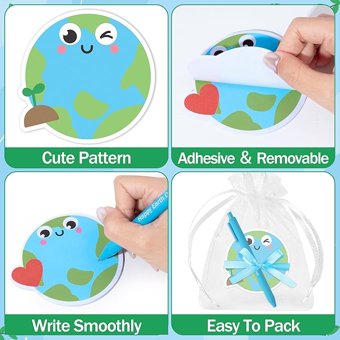 Xqumoi Earth Day Sticky Notes with Pen Gift Set - 24 Set Save The Planet Self Sticky Writing Memo Pads Ballpoint Pens with Mesh Bag Party Favors School Classroom Rewards Office Supplies