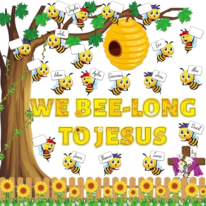 gisgfim Bee Bulletin Board Decoration Set Bee Jesus Religious Borders Cutouts for Classroom Door VBS Christian Sunday School Sunnmer Welcome Bulletin Board Craft Home Wall (We Bee-Long to Jesus)