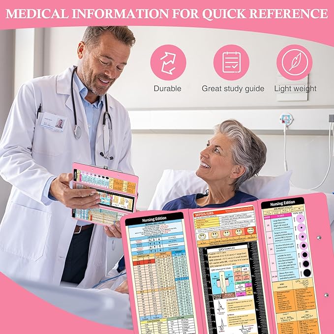 Nursing Clipboard Foldable Nurse Clipboard: 3 Layers Aluminum Folding Clip Board Pocket Size Medical Clipboards Nursing Edition Cheat Charts for Nurses Students Doctors Pink
