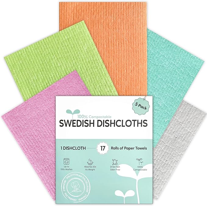 Swedish Dishcloths for Kitchen, 5 Pack Swedish Dish Cloths, Ultra Absorbent Reusable Paper Towels, Cellulose Sponge Cloths, Quick Drying, No Odor, Dishwasher Safe