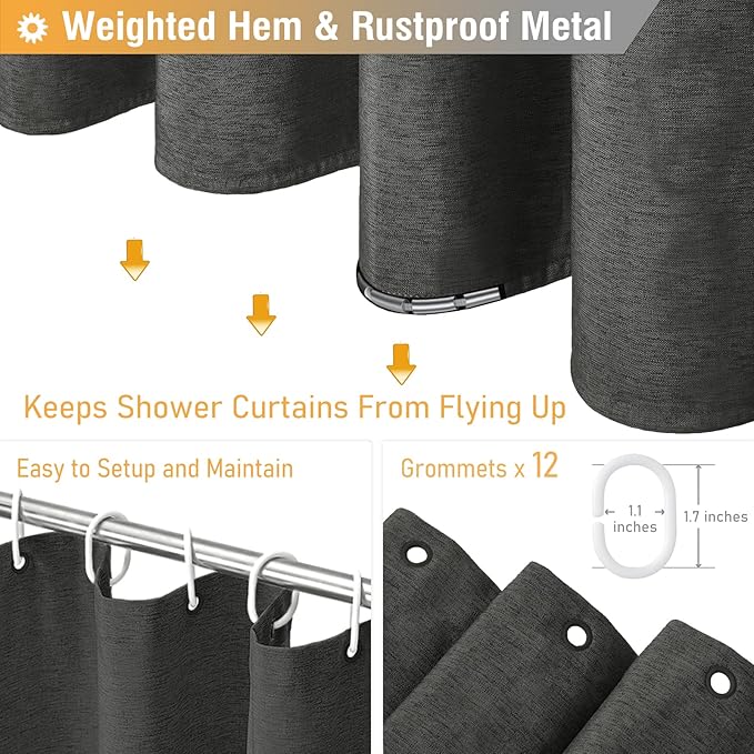 BTTN Grey Extra Long Shower Curtain, 72x96 Inch Long Linen Textured Heavy Duty Fabric Shower Curtain Set with 12 Hooks, Tall Simple Neutral Waterproof Cloth Shower Curtain for Bathroom, Charcoal Gray