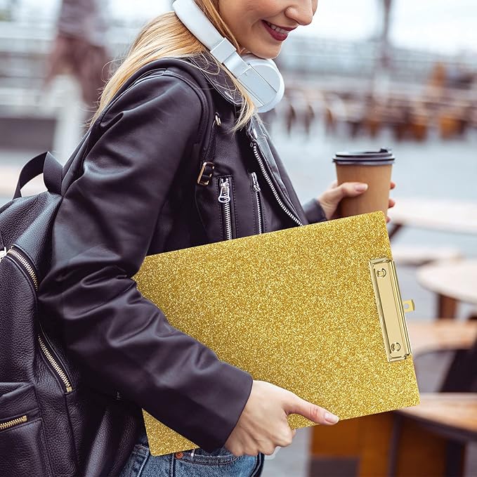 Piasoenc Acrylic Clipboards, Fashion Glitter Clip Board with Low Profile Gold Clip, Designed for Classroom School and Office Use, A4 Letter Size 9 x 12.5 in,Gold