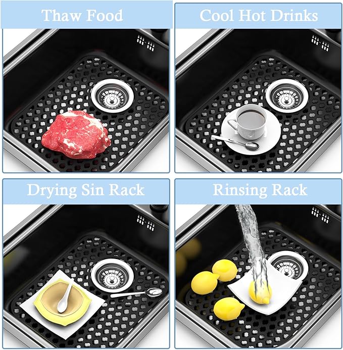 2 Pack Silicone Sink Protector for Kitchen Sink, 13.58" x 11.6" Heat-resistant Sink Mat Non-Slip and Durable Silicone Protectors, Rear Drain, Black