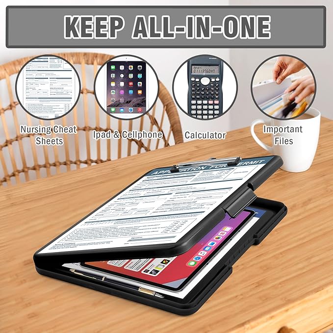 ANZNKU Clipboards with Storage, 13x9.6 Heavy Duty Nursing Clipboard Foldable, Plastic Storage Clipboard with Pen Holder, Cute Clip Board Folder for Teacher Nurse Work, School & Office Supplies(Black)