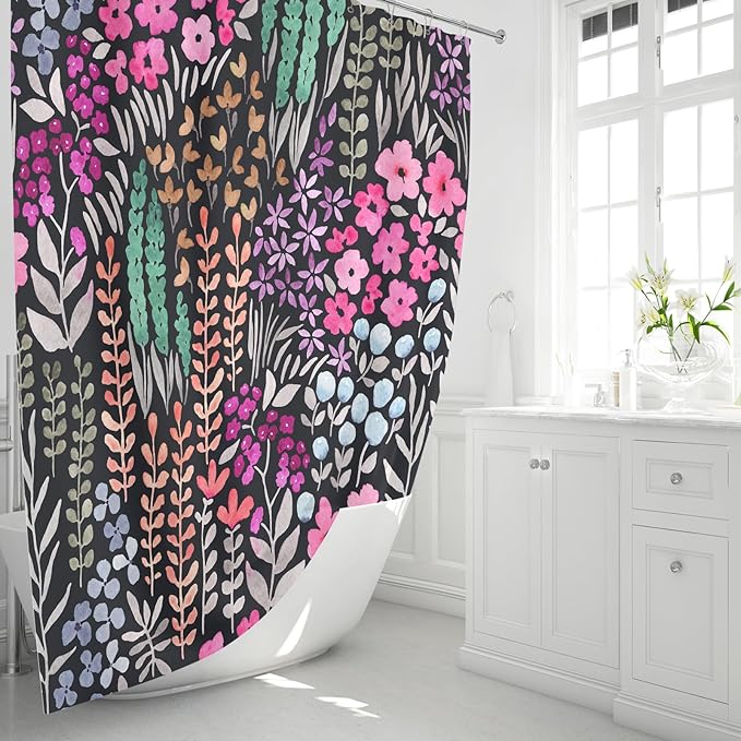 Extra Long Shower Curtain 72 x 96 Inch, Floor to Ceiling X-Long Tall Cute Floral Shower Curtain for Bathroom, Black Hot Pink Wildflower Boho Cottagecore Fabric Shower Curtain Set with Hooks