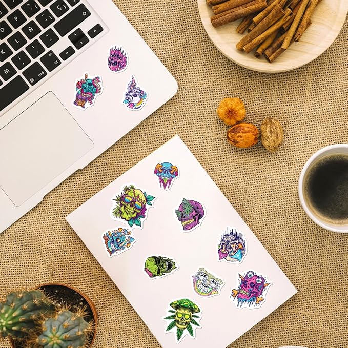 Psychedelic Skull and Trippy Mushroom Artwork 50pcs Stickers Pack Vinyl for Laptop Skateboard Guitar Water Bottle Helmet Decoration Wall Bike Hat Hard Phone Case Car Bottles