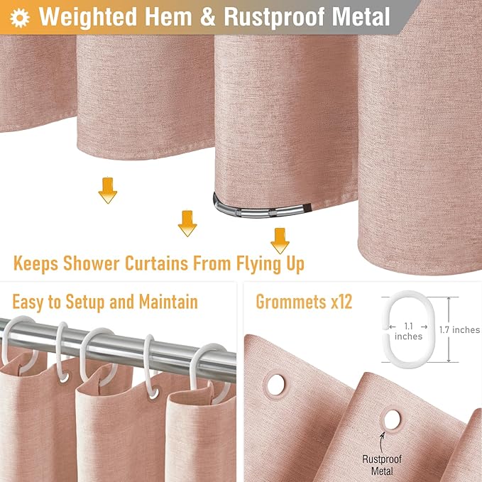 BTTN Blush Fabric Shower Curtain - Linen Textured Weighted Cloth Shower Curtain Set with 12 Plastic Hooks, Machine Washable, Hotel Spa Luxury, Decorative Neutral Bath Curtains for Bathroom, 72x72