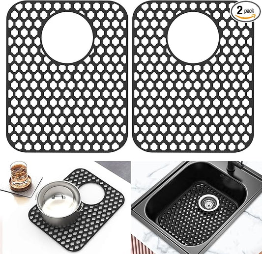2 Pack Silicone Sink Protector for Kitchen Sink, 13.58" x 11.6" Heat-resistant Sink Mat Non-Slip and Durable Silicone Protectors, Rear Drain, Black