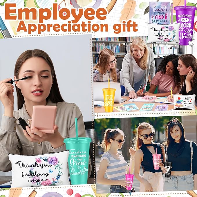 50 Pcs Teacher Appreciation Gift for Women 24 oz Thank You Plastic Tumbler with Inspirational Notepads Ballpoint Pens Makeup Bag Keychain Xmas Gifts for Principals Professors Staff