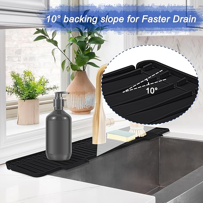 Kitchen Sink Splash Guard, 20 inch Silicone Faucet Guard & Draining Mat, 10° Large Slope Sink Faucet Mat Splash Guard, Bathroom Sink Organizer, Kitchen Sink Accessories Gadgets, 20 x 5.5”, Black