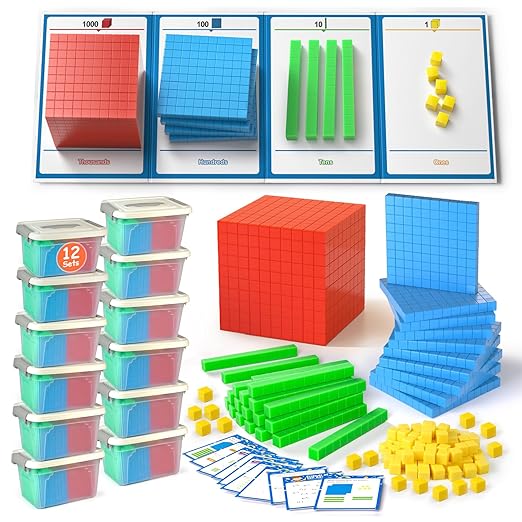 Base Ten Blocks with Place Value Chart 12 Boxes - Math Manipulatives for Kids.Counting Blocks for Math to Help Educate Kindergarten Teachers