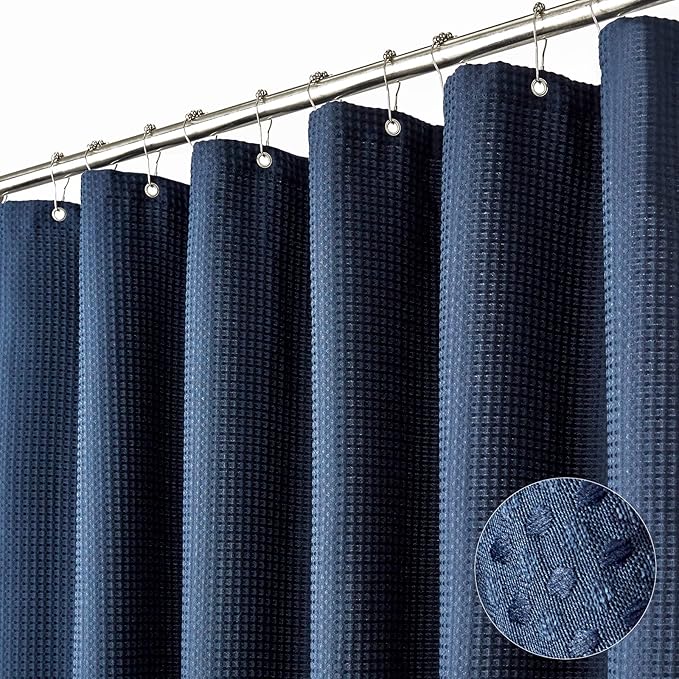 Dynamene Stall Fabric Shower Curtain - 36x72 Waffle Weave Weighted Cloth Shower Curtains for Bathroom, Neutral Heavy Duty Hotel Spa Luxury Bath Curtain Set with 6 Plastic Hooks,Navy Blue