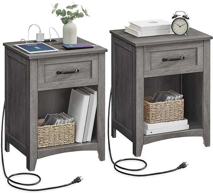 VASAGLE LIRY Collection - Farmhouse Nightstands with Charging Station, Set of 2 Bedside Tables, Side Tables with Drawer, Open Compartment, for Bedroom, Misty Gray ULET859G01