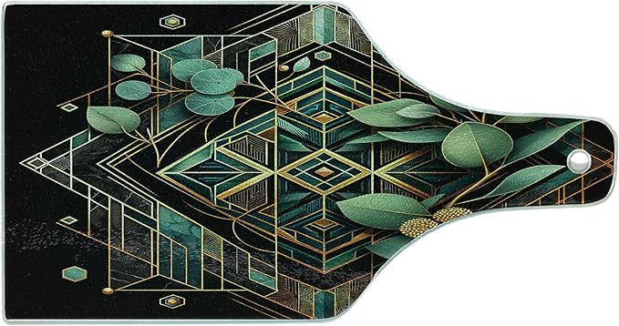 Ambesonne Eucalyptus Leaves Cutting Board, Art Deco Inspired Geometric Rhombus Ornament Botanical Look, Decorative Tempered Glass Cutting and Serving Board, Wine Bottle Shape, Black Laurel Green Amber