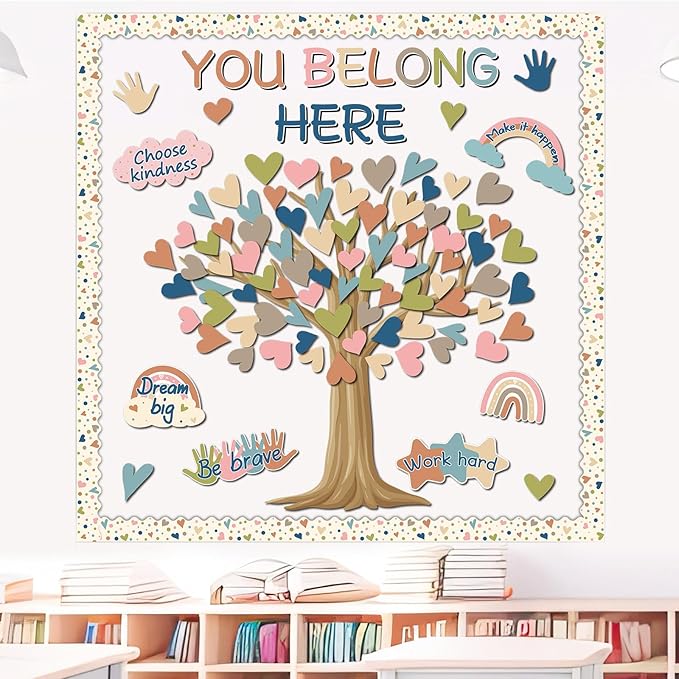 Boho Classroom Tree Bulletin Board Decorations Heart Cutouts Border Welcome Classroom You Belong Here Bulletin Board Decor Supplies for Chalkboard Elementary School Home Wall(You Belong Here)