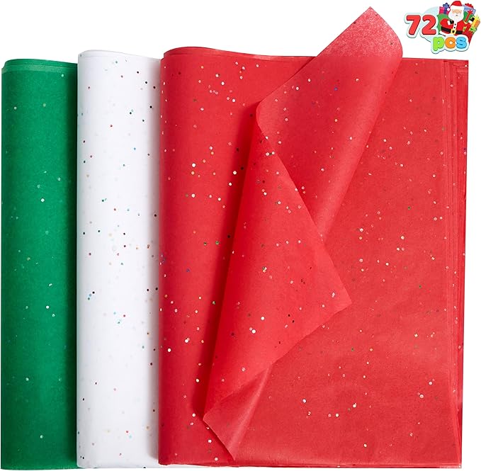 JOYIN 72 Sheets Glitter Tissue Paper for Gift Bags, Red Green White Tissue Paper for Gift Wrapping Supplies, 20" x 20" Christmas Wrapping Paper for Gift Wrap DIY Craft Decorations