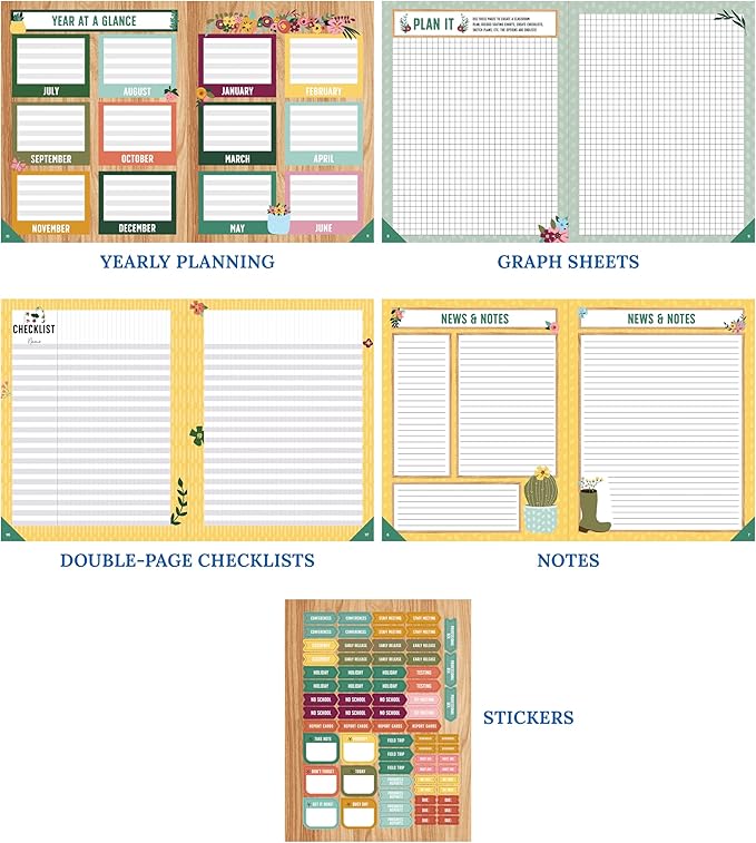 Carson Dellosa Grow Together Teacher Planner, 8" x 11" Green Spiral Bound Lesson Plan Book With Stickers, Checklist, Notes, Garden Theme School Supplies for Classroom Organization