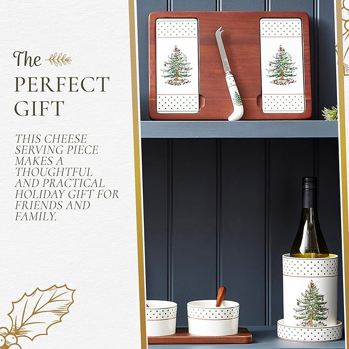 Spode Christmas Tree Cheese Board & Knife Set, Polka Dot - Holiday Entertaining, Charcuterie & Cracker Tray, Seasonal Serveware - Christmas Table Setting & Cheese Presentation