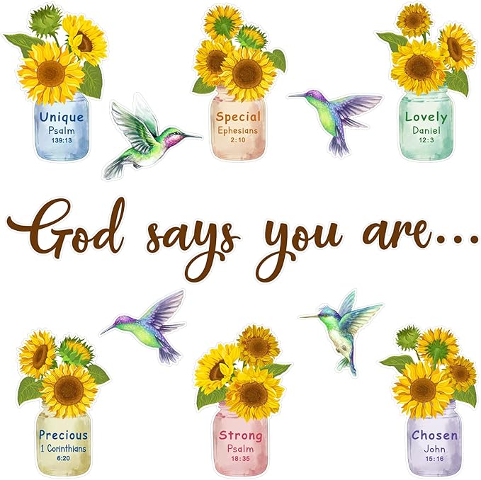 Outus 28 Pcs Sunflower Bulletin Board Set Spring Religious Bulletin Board Decorations Inspired Christian Flower Cutouts Hummingbird God Says You are Wall Art for School Classroom Teacher Kids