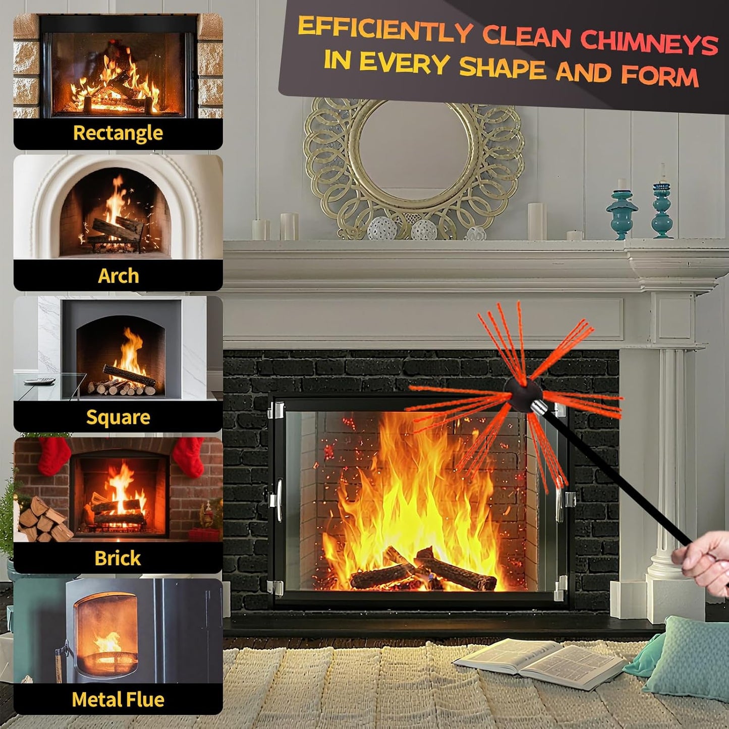 39 Feet Chimney Sweep Kit, Chimney Cleaning Kit with 12 Flexible Black Chimney Rods, Chimney Brush for Sweeping Fireplace, Rotary Chimney Cleaning System Driven by Drill
