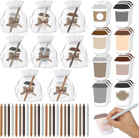 Xqumoi Coffee Cup Sticky Notes with Pen Gift Set - 24 Set Coffee Self Sticky Writing Memo Pads Ballpoint Pens with Mesh Bag Birthday Party Favors School Classroom Rewards Office Supplies