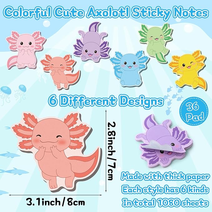 Bright Color Sticky Notes - 108 Pcs Cute Axolotl Super Sticky Notes Pens Ribbons Set Favorite Sticking Power Office Products School Supplies Clean Removal Memo Pads Index Tabs Strong Adhesive