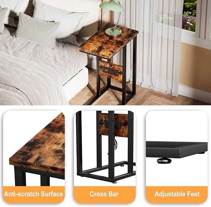 VECELO C Shaped End Table with Charging Station & Power Outlets, Quick Access Side Table for Sofa, C Bedside for Living Room Bedroom 1 Set,Brown