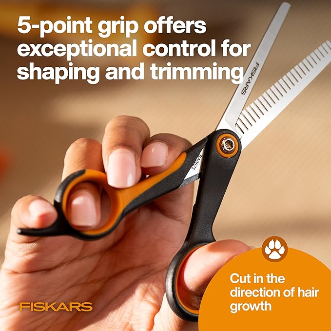 Fiskars Pet, Dog and Cat Grooming Scissors, Serrated Teeth for Thinning & SoftGrip Handle, Cat and Dog Supplies, 6.5”, Orange/Black, Blending Scissors