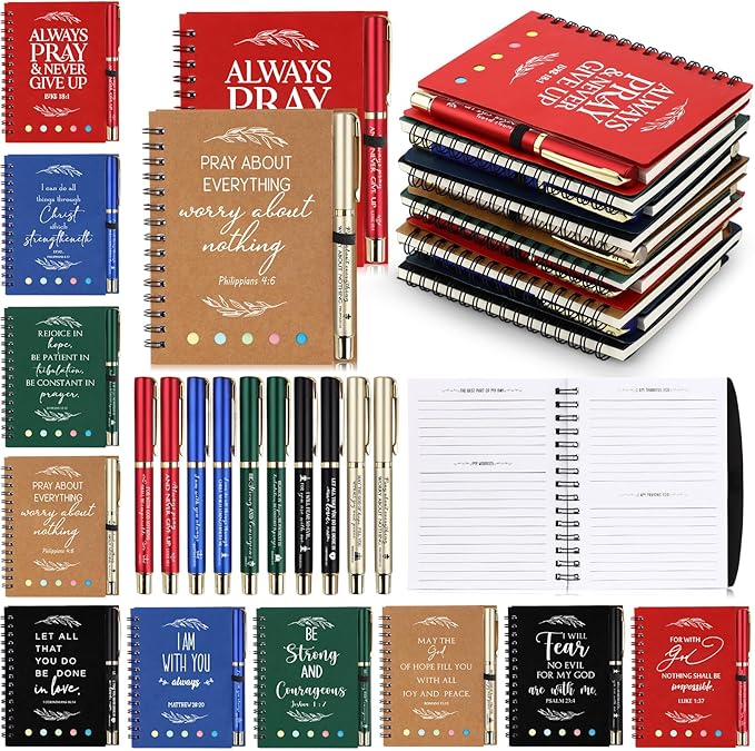 Spakon 50 Set Christian Gifts Bulk Easter Mother's Day Church Sticky Note Spiral Notebook Bible Verse Ballpoint Pen Prayer Journal Religious Scripture Notepad Sunday School Teacher Party Favors
