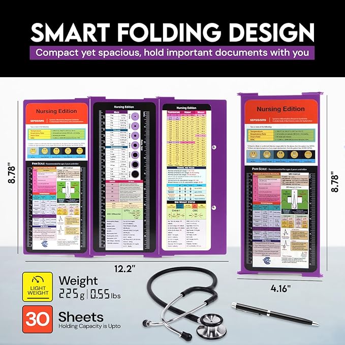 Nursing Clipboard with Nursing and Medical Edition Cheat Sheets 3 Layers Aluminum Foldable Nurse Clip Board Nursing Student Essentials - Foldable Clipboard Nursing Nursing School Essentials (Purple)
