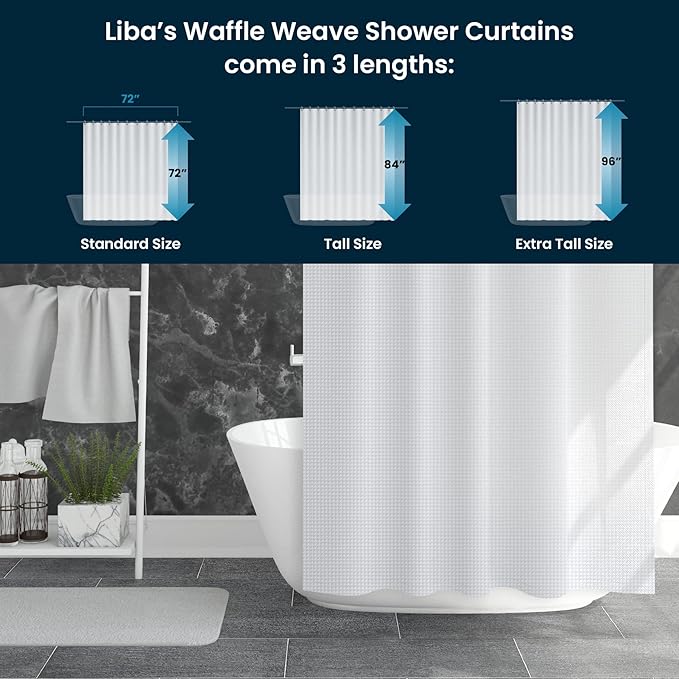 LiBa Waffle Weave Fabric White Shower Curtain, 72 W x 72 H Water Repellent & Heavyweight, Hotel Quality & Cloth Linen Shower Curtains Set and for Bathroom