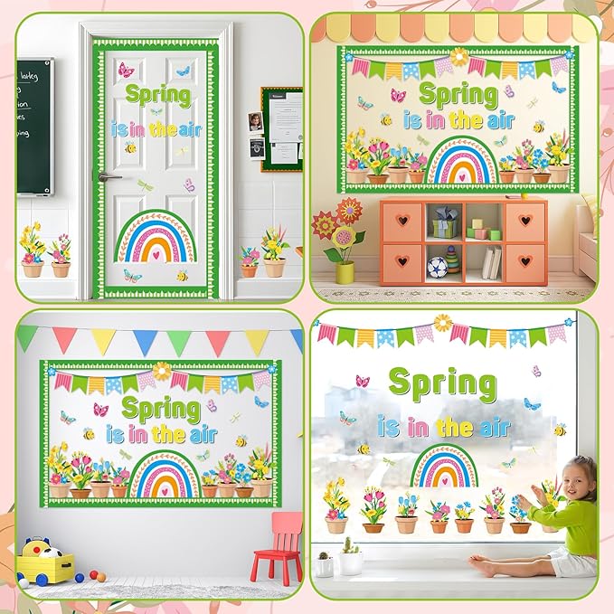 Spring Floral Flower Bulletin Board Set Spring Rainbow Insect Paper Cutouts Flower Rainbow Bulletin Board Classroom Decorations Bees Butterfly Party Supplies for Home School March April Wall Decor