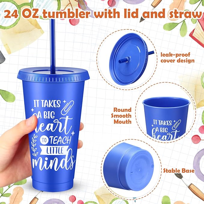 50 Pcs Teacher Appreciation Gift for Women 24 oz Thank You Plastic Tumbler with Inspirational Notepads Ballpoint Pens Makeup Bag Keychain Xmas Gifts for Principals Professors Staff