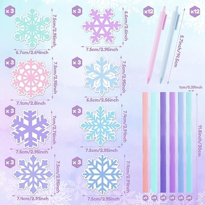Bright Color Sticky Note - 72 Pcs Blue Purple Winter Snowflake Super Sticky Notes Memo Pads Polyester Ribbons Smooth Writing Pens Stationery Set Strong Adhesive Sticking Power School Supplies