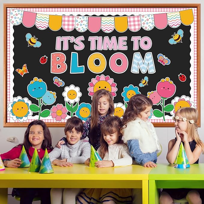 Spring Bulletin Board Set Decorations Colorful Flower Bee Paper Cutouts Spring Bloom Floral Classroom Bulletin Board Decoration Kit for School Home Chalkboard Window Holiday Party Decor
