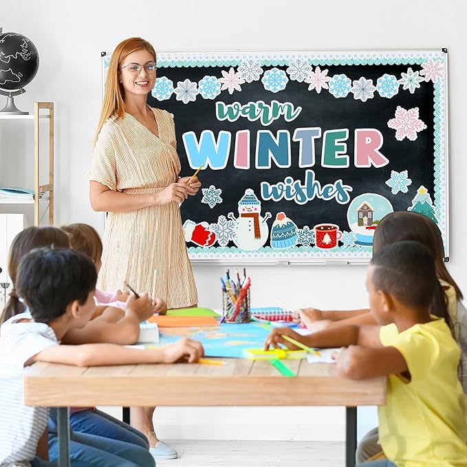 Winter Bulletin Board Decoration Warm Winter Wish Bulletin Board Set Snowflakes Snowman Cutouts Classroom Decoration for School Chalkboard Wall Door Holiday Christmas Xmas Supplies