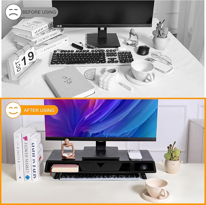 Homerays Monitor Stand with Drawer, Exquisite Computer Monitor Stand for Desk, Ergonomic Wood Monitor Stand Riser for Computer,Laptop,Printer,TV,Bamboo,Black