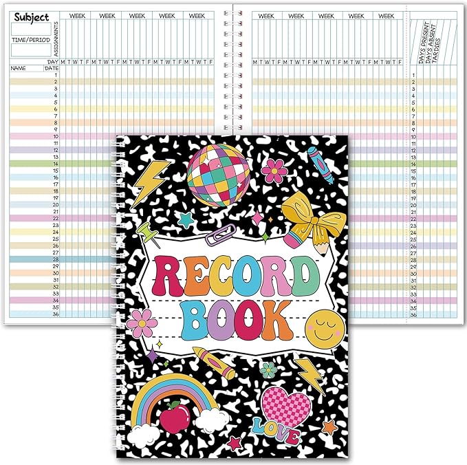 Fuyoooo Teacher Record Book Teacher Grade Book 2026-2027 Spiral Bound Composition Record Class Planner 2026 Gradebook Office Favors for Classroom Attendance Decoration Double Sided Color Printing