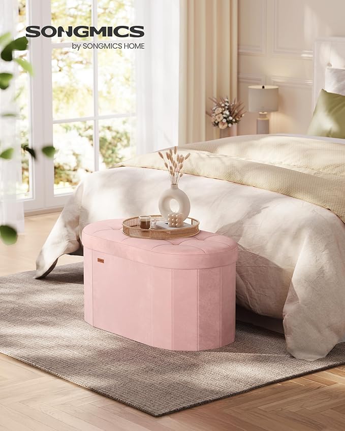 SONGMICS Mazie Collection - Folding Ottoman with Storage, Oval Storage Ottoman Bench, for Living Room, Bedroom, Velvet Fabric, 15 x 30 x 15 Inches, Jelly Pink ULSF267SA01