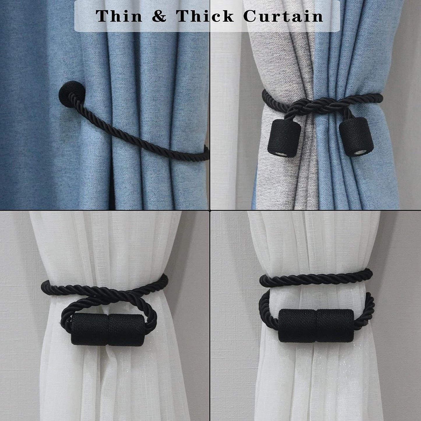 6 Pack Black Strong Magnetic Curtain Tiebacks Outdoor Elegant Decorative Tie Backs Modern Rope Tiebacks for Drapes Window Curtain Holdbacks for Draperies
