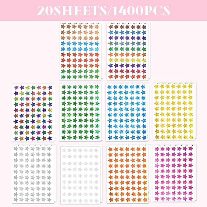 1400 Pcs Star Stickers (20 Sheets), Small Star Stickers Holographic Colorful for Student Reward, Planner Stickers for Teachers Classroom, Behavior Chart & Scrapbooking
