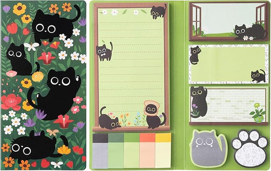 B1ykin Cute Sticky Notes Set - Wildflower Lovely Black Shaped Self-Stick Notes Pad, 550 Sheets Writing Memo Pages Sticky Notepad for Teacher Appreciation Gifts, School Office Supplies (Cat Floral)