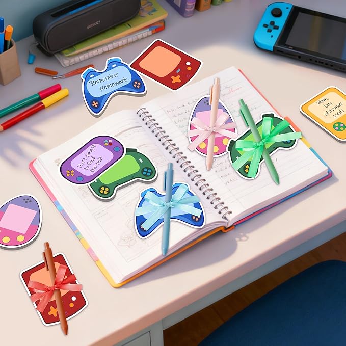 Bright Color Sticky Note - 72Pcs Video Game Super Sticky Note Pads Pen Ribbon Set Sticking Power Memo Pads School Supplies Office Products Page Markers Clean Removal Strong Adhesive Index Tab