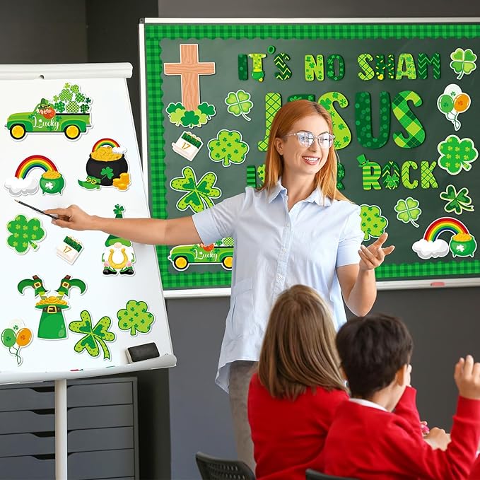 gisgfim St. Patrick's Day Jesus Bulletin Board Decorations Jesus is Our Rock Bulletin Board Set Happy St.Patrick Luck Shamrock Clover Cutouts Borders Decor for Irish Classroom Home Wall(St. Patrick's)