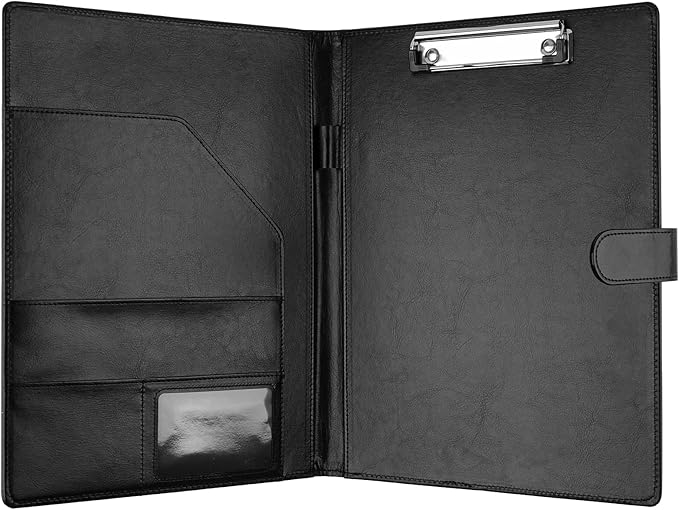 Professional Padfolio with Clipboard, Faux Leather Portfolio Folder Binder, Legal Pad Holder for A4 Letter Size Notepad, Resume, Writing Pad, Ideal Organizer for Business Office Conference, Black